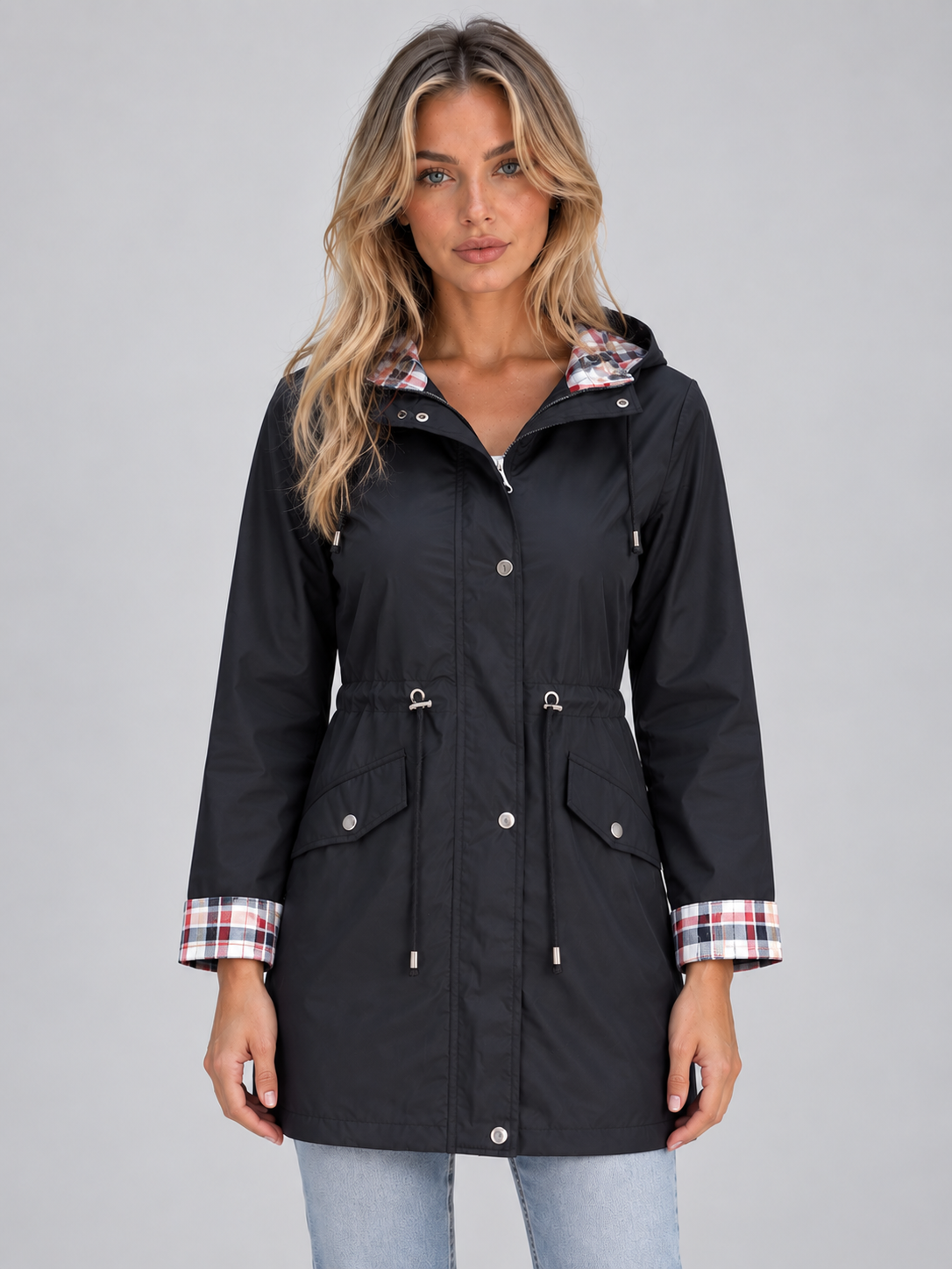 Women’s Long Hooded Raincoat – Zip Up Parka with Drawstring Waist