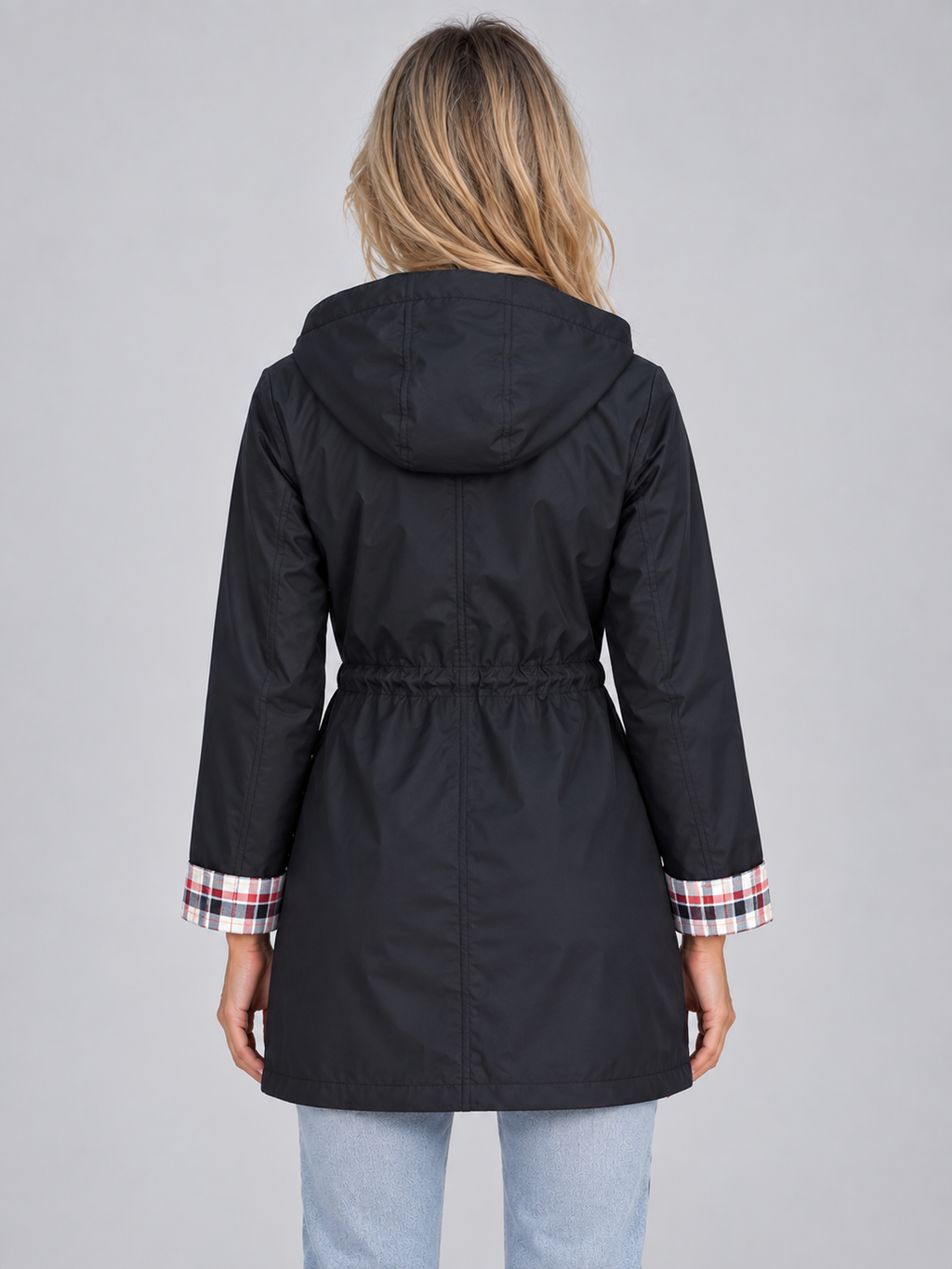 Women’s Long Hooded Raincoat – Zip Up Parka with Drawstring Waist