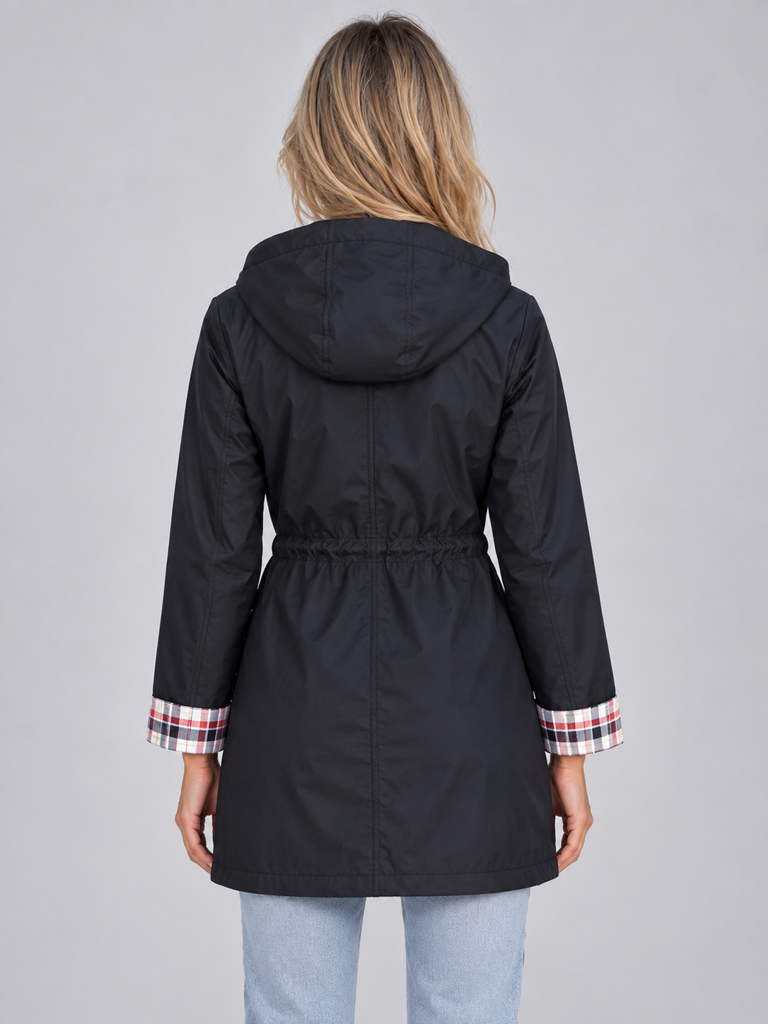 Women’s Long Hooded Raincoat – Zip Up Parka with Drawstring Waist