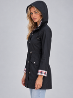 Women’s Long Hooded Raincoat – Zip Up Parka with Drawstring Waist