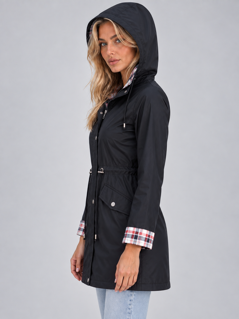 Women’s Long Hooded Raincoat – Zip Up Parka with Drawstring Waist