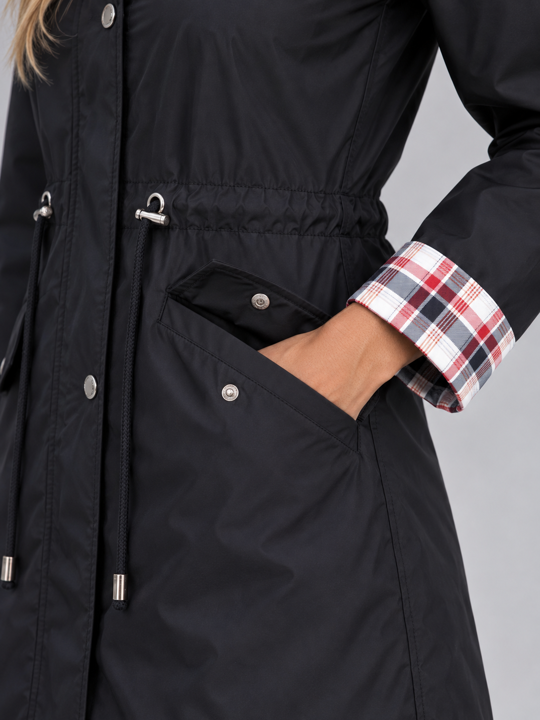 Women’s Long Hooded Raincoat – Zip Up Parka with Drawstring Waist