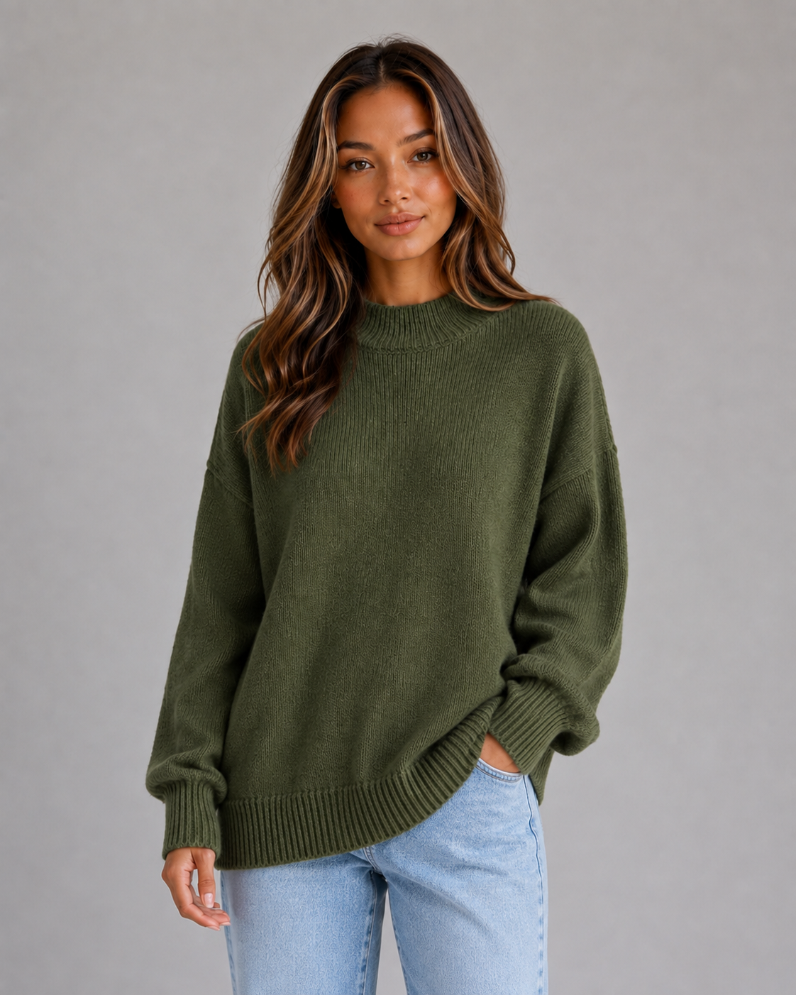 Women’s Oversized Knit Sweater – High Neck Longline Relaxed Fit Knit