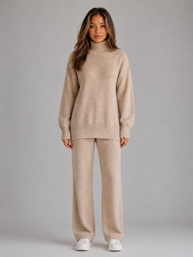 Women's Oversized Knitted Lounge Set – Roll Neck Sweater & Wide Leg Pants