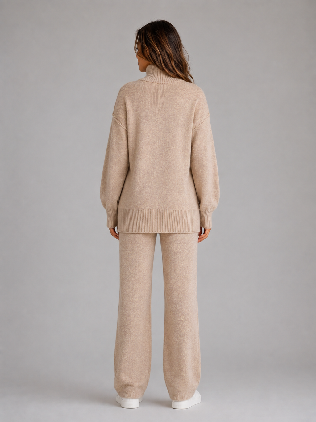 Women's Oversized Knitted Lounge Set – Roll Neck Sweater & Wide Leg Pants