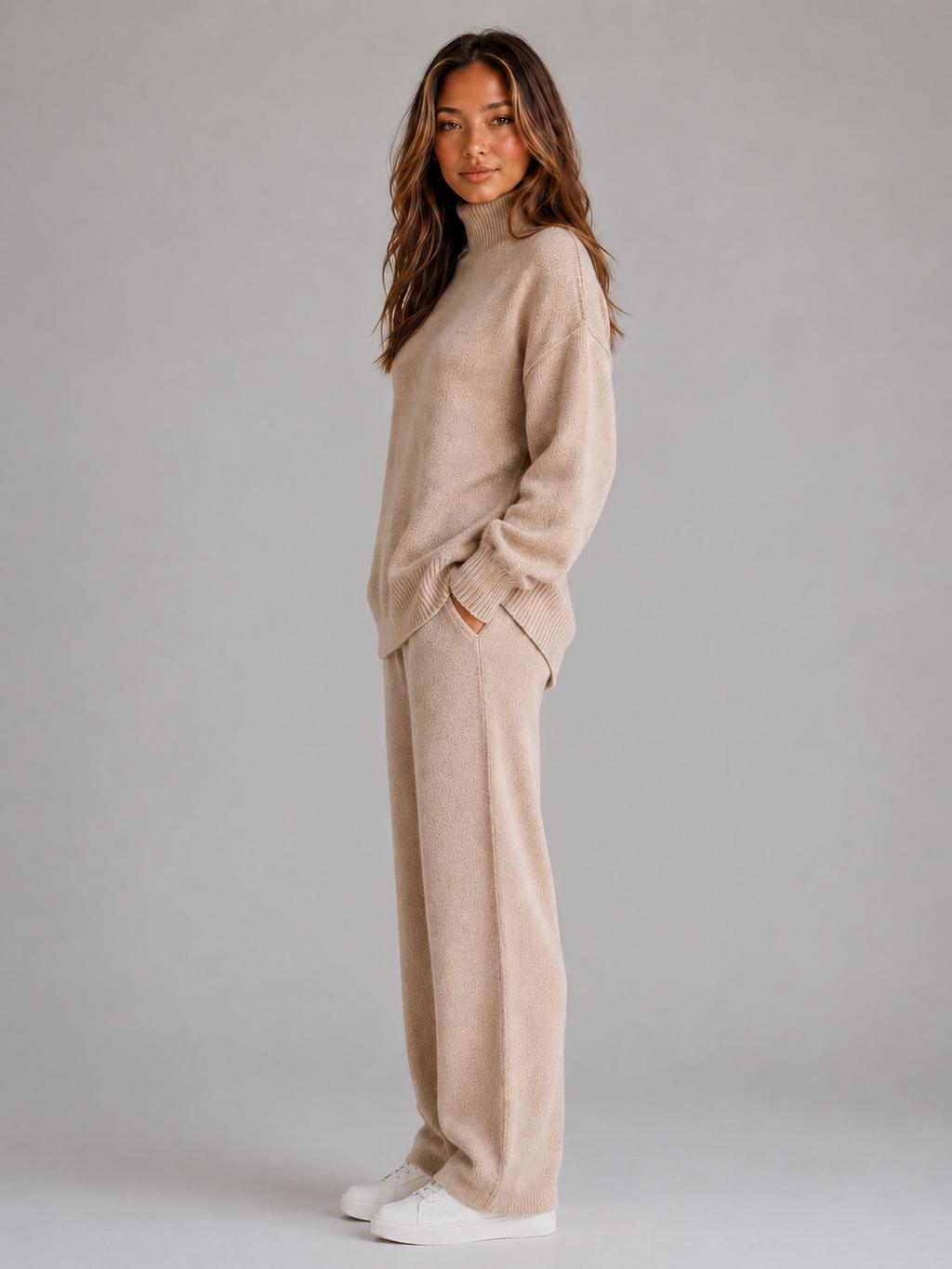 Women's Oversized Knitted Lounge Set – Roll Neck Sweater & Wide Leg Pants