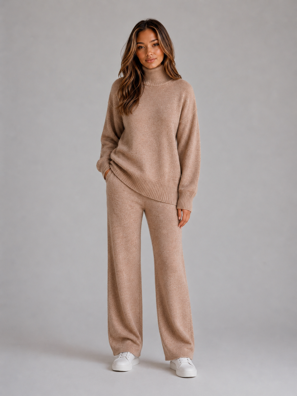 Women's Oversized Knitted Lounge Set – Roll Neck Sweater & Wide Leg Pants