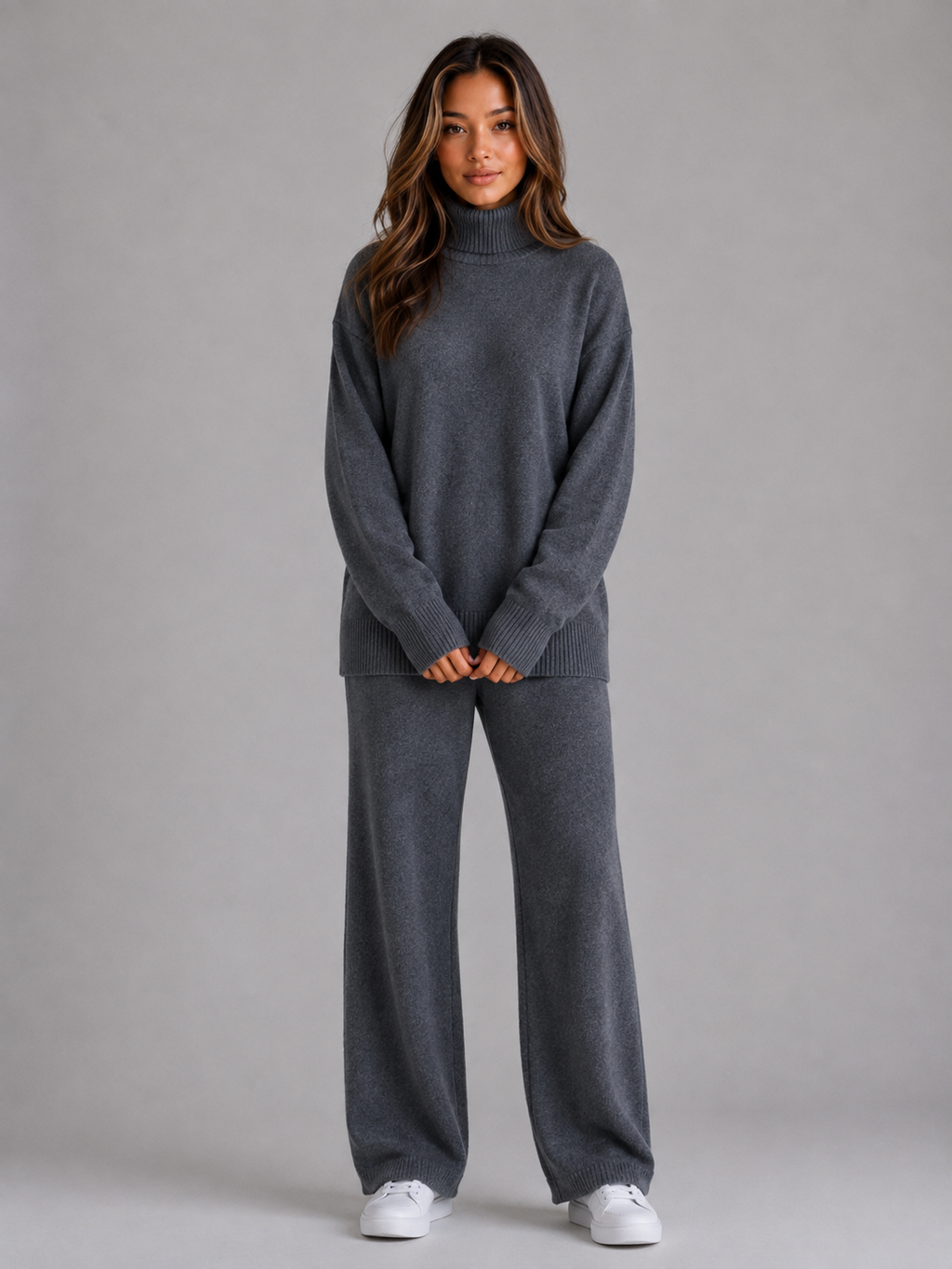 Women's Oversized Knitted Lounge Set – Roll Neck Sweater & Wide Leg Pants