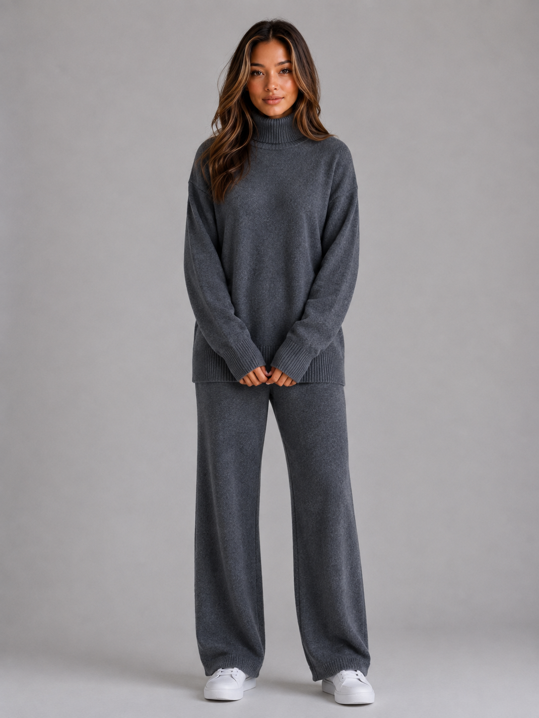 Women's Oversized Knitted Lounge Set – Roll Neck Sweater & Wide Leg Pants