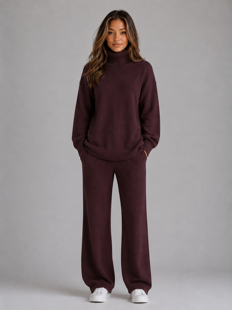 Women's Oversized Knitted Lounge Set – Roll Neck Sweater & Wide Leg Pants