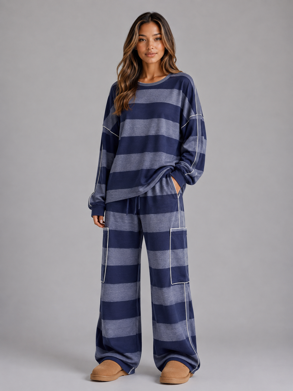 Women’s Oversized Striped Lounge Set – Sweatshirt & Wide Leg Pants