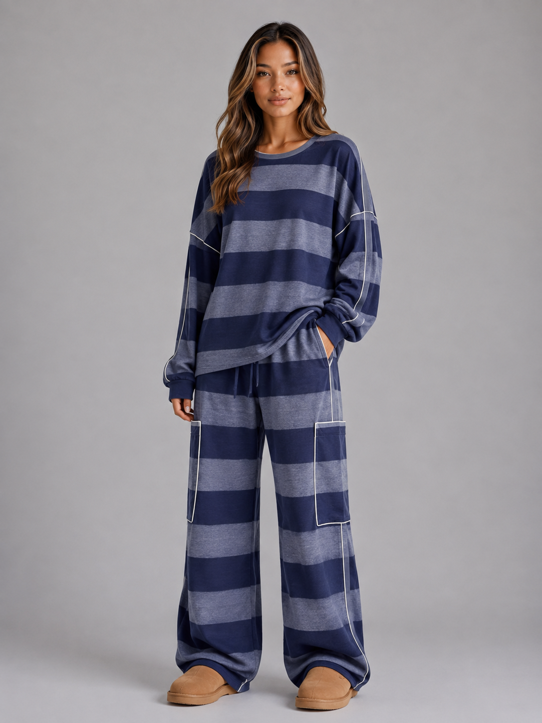 Women’s Oversized Striped Lounge Set – Sweatshirt & Wide Leg Pants