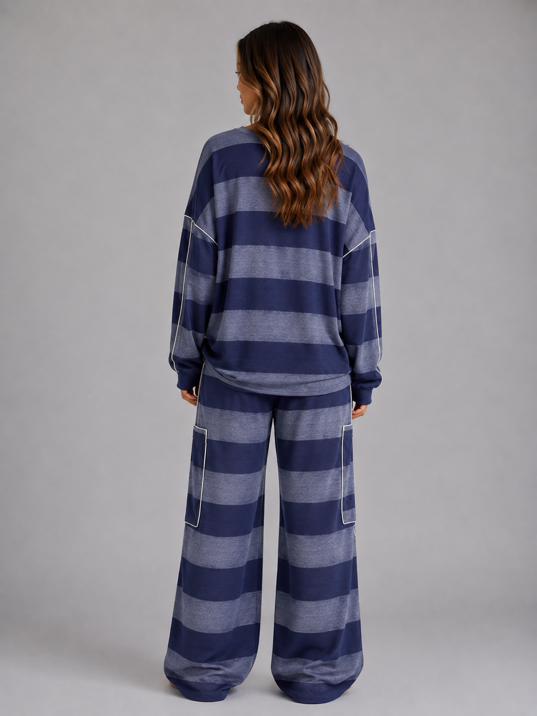 Women’s Oversized Striped Lounge Set – Sweatshirt & Wide Leg Pants