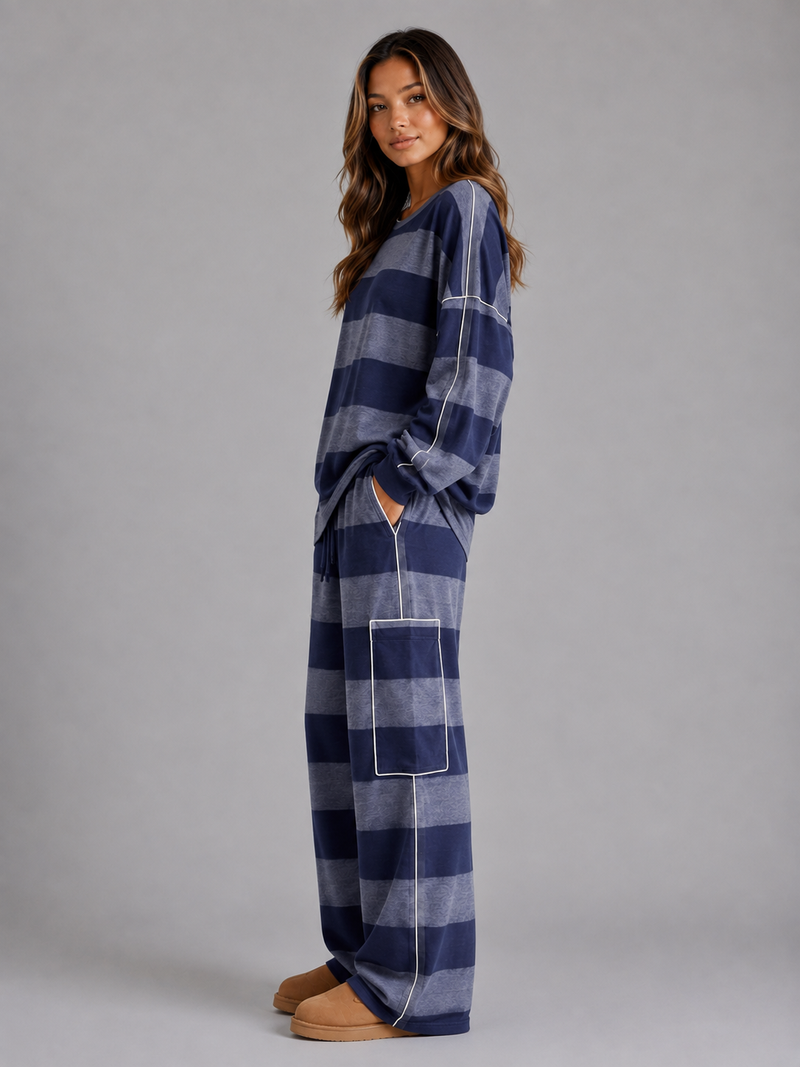 Women’s Oversized Striped Lounge Set – Sweatshirt & Wide Leg Pants