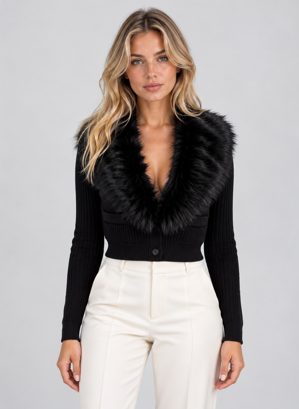 Women’s Faux Fur Collar Cardigan – Ribbed Button Front Sweater