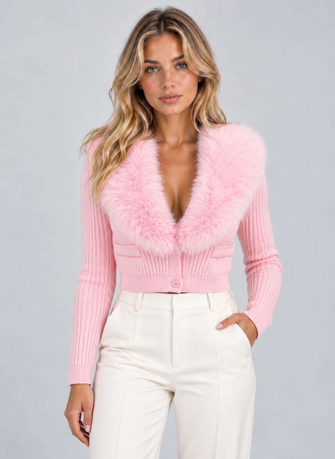 Women’s Faux Fur Collar Cardigan – Ribbed Button Front Sweater