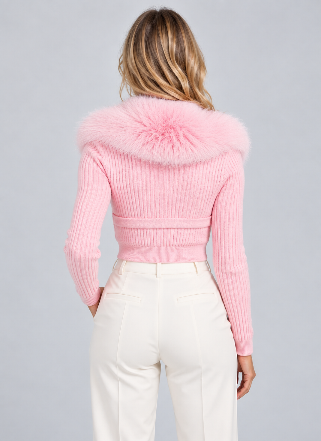 Women’s Faux Fur Collar Cardigan – Ribbed Button Front Sweater