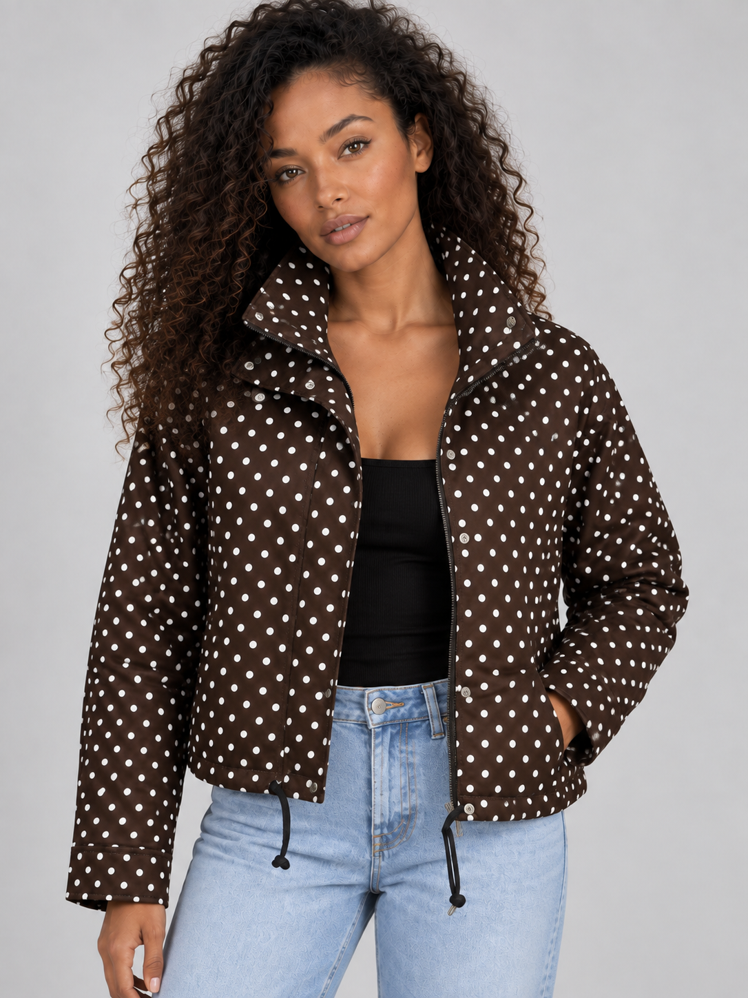 Women’s Polka Dot Cropped Jacket – Zip Up High Collar Drawstring Coat