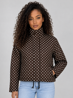 Women’s Polka Dot Cropped Jacket – Zip Up High Collar Drawstring Coat