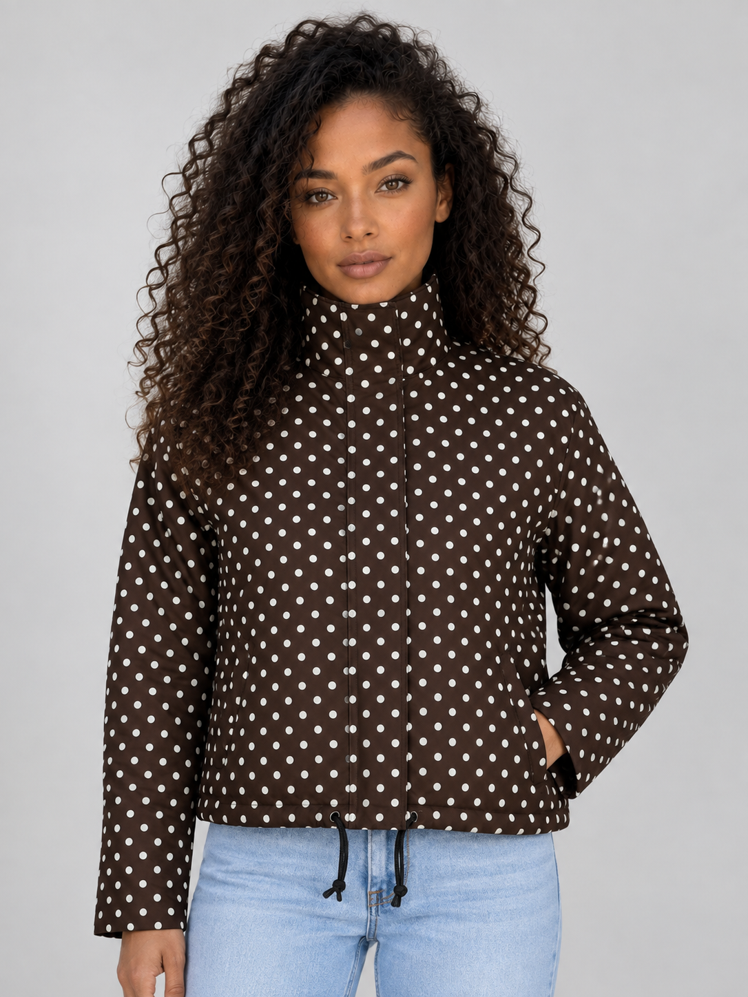 Women’s Polka Dot Cropped Jacket – Zip Up High Collar Drawstring Coat