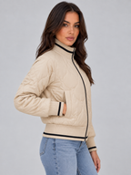 Women’s Quilted Bomber Jacket – Ribbed High Neck Zip-Up Coat