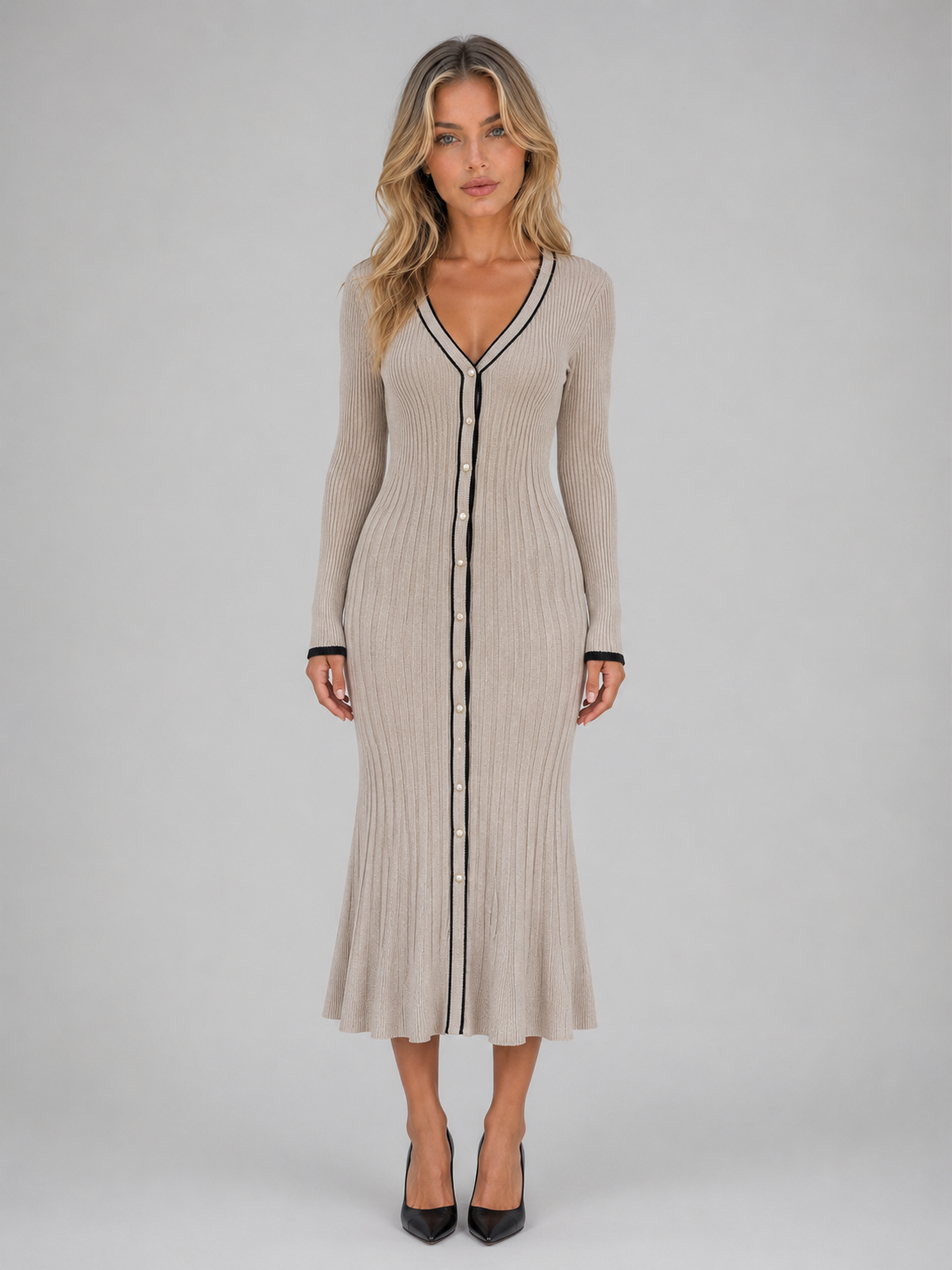 Women’s Ribbed Button Front Midi Dress – V-Neck Long Sleeve Knit Style