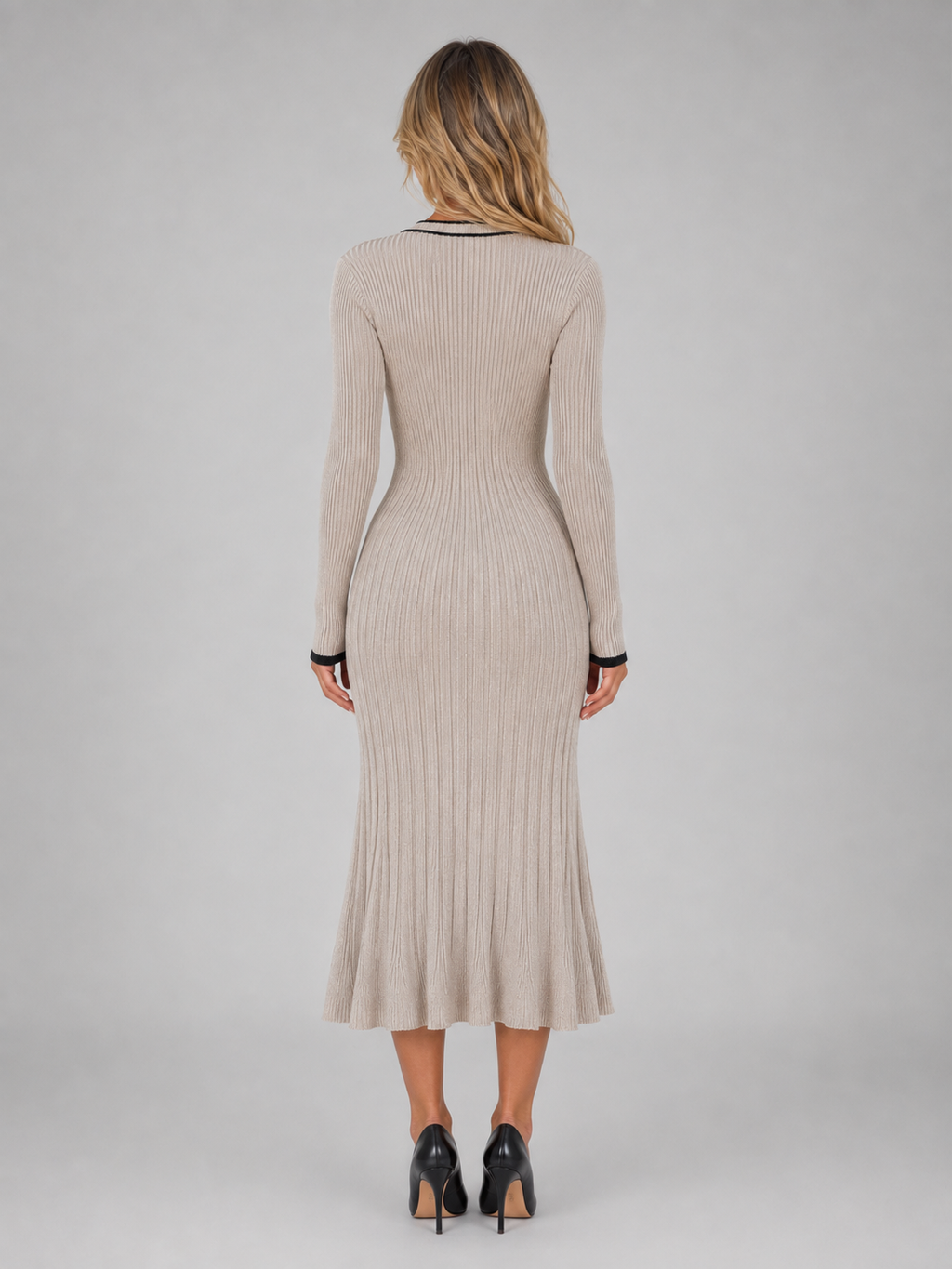 Women’s Ribbed Button Front Midi Dress – V-Neck Long Sleeve Knit Style