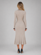 Women’s Ribbed Button Front Midi Dress – V-Neck Long Sleeve Knit Style