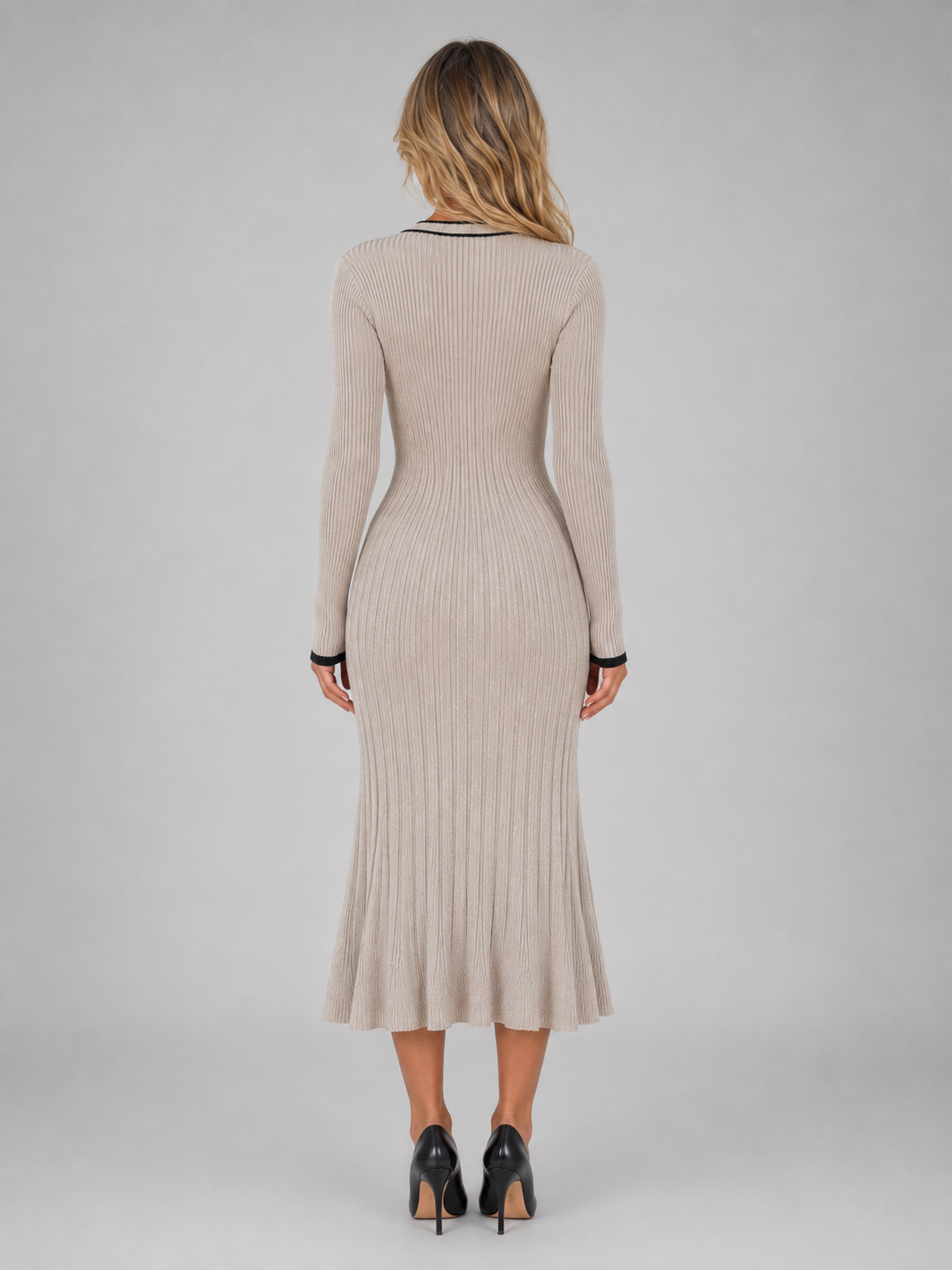 Women’s Ribbed Button Front Midi Dress – V-Neck Long Sleeve Knit Style