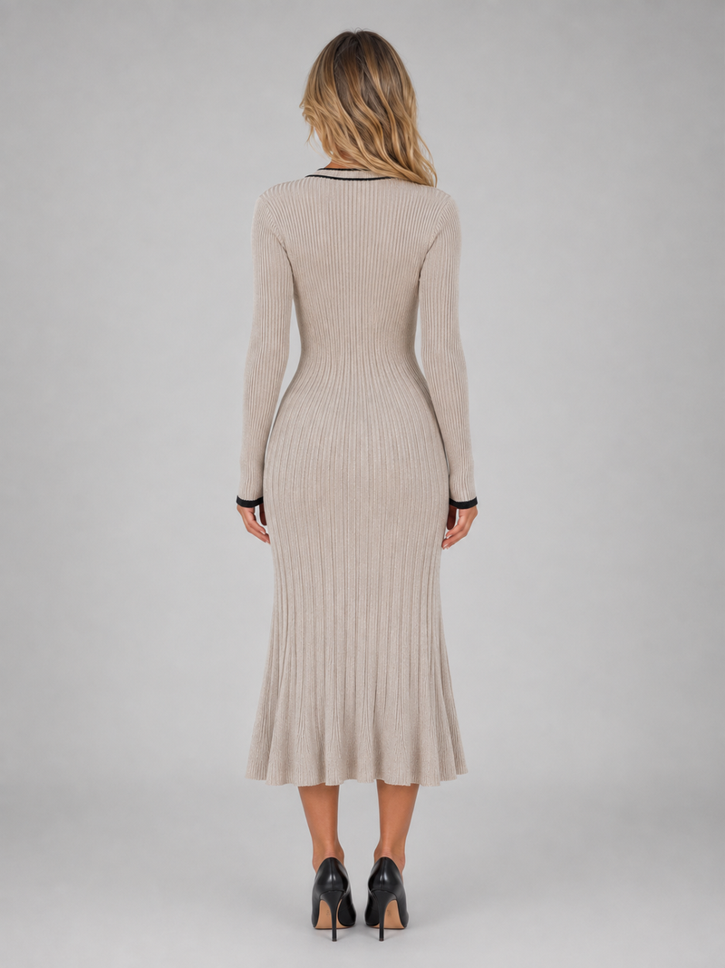 Women’s Ribbed Button Front Midi Dress – V-Neck Long Sleeve Knit Style
