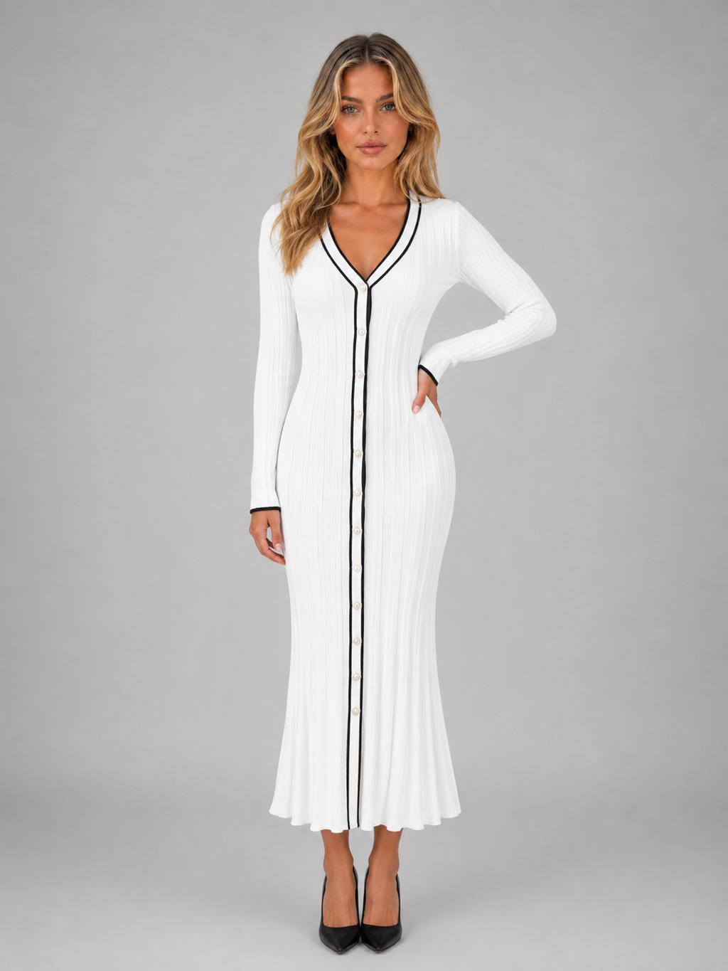 Women’s Ribbed Button Front Midi Dress – V-Neck Long Sleeve Knit Style