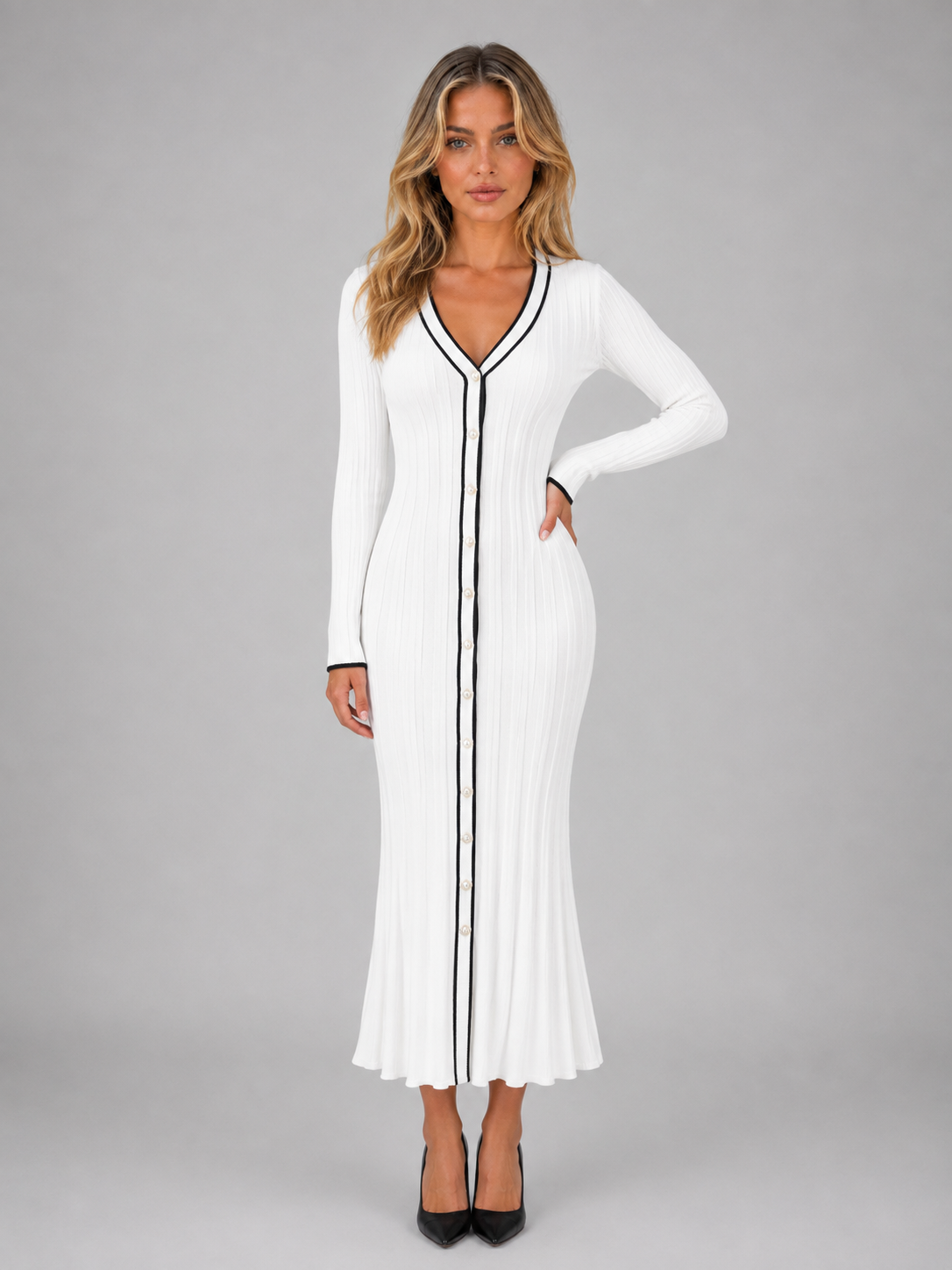 Women’s Ribbed Button Front Midi Dress – V-Neck Long Sleeve Knit Style