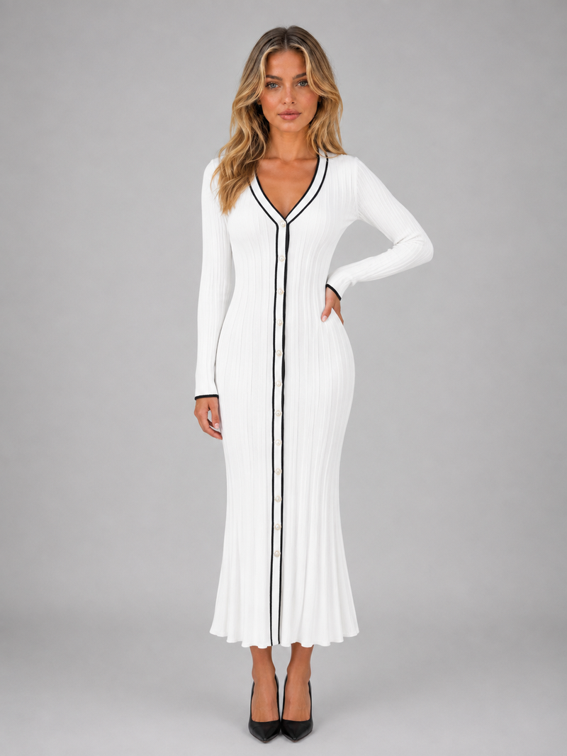 Women’s Ribbed Button Front Midi Dress – V-Neck Long Sleeve Knit Style