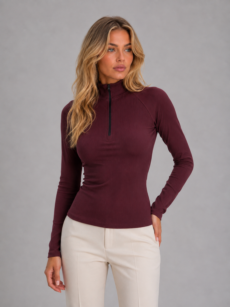 Women's Ribbed Half Zip Top – High Neck Long Sleeve Knit