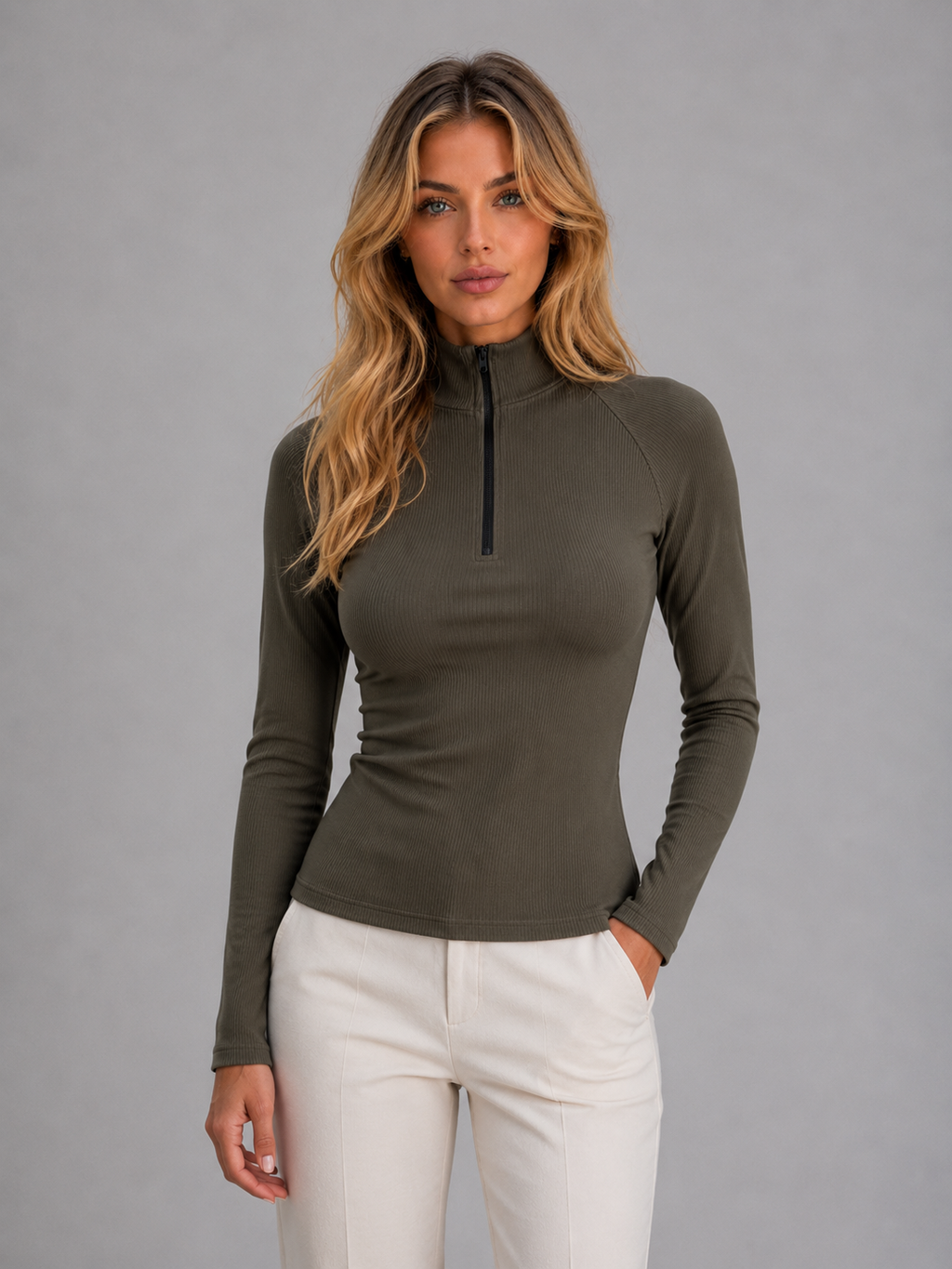 Women's Ribbed Half Zip Top – High Neck Long Sleeve Knit