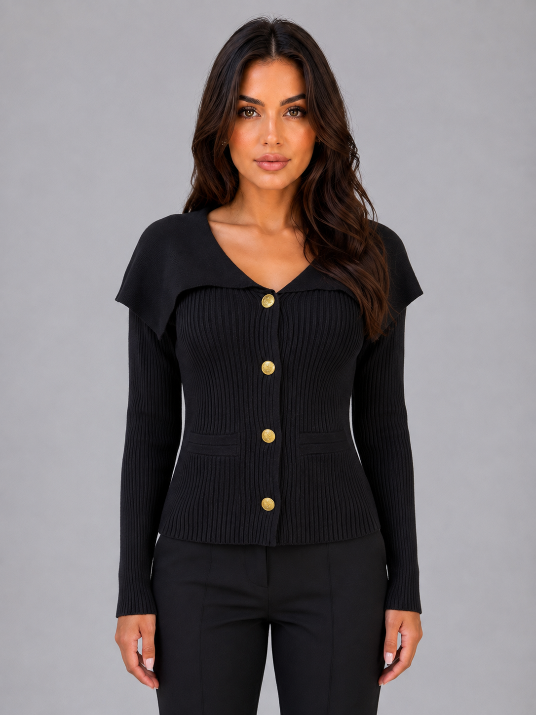 Women’s Ribbed Knit Cardigan – Gold Button Cape Collar Sweater