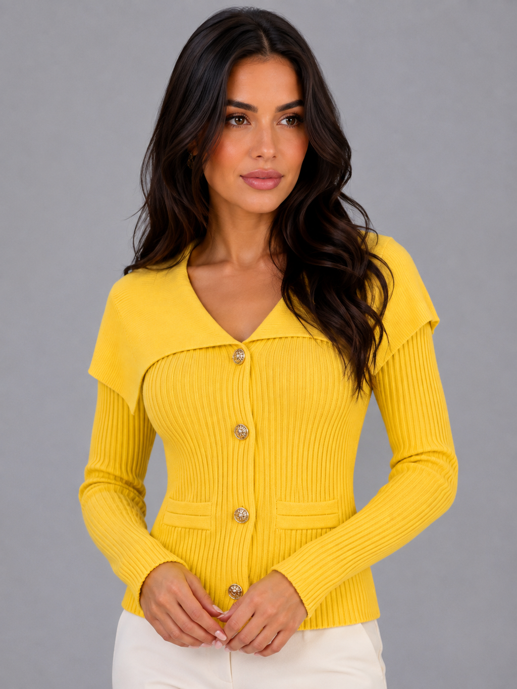 Women’s Ribbed Knit Cardigan – Gold Button Cape Collar Sweater
