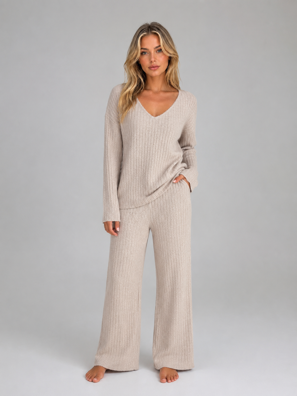 Women's Ribbed Knit Lounge Set – V-Neck Sweater & Wide Leg Pants Set