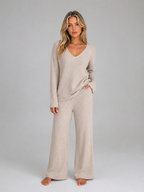 Women's Ribbed Knit Lounge Set – V-Neck Sweater & Wide Leg Pants Set