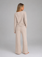 Women's Ribbed Knit Lounge Set – V-Neck Sweater & Wide Leg Pants Set