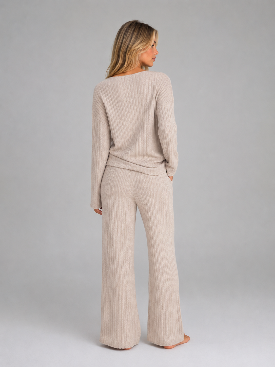 Women's Ribbed Knit Lounge Set – V-Neck Sweater & Wide Leg Pants Set