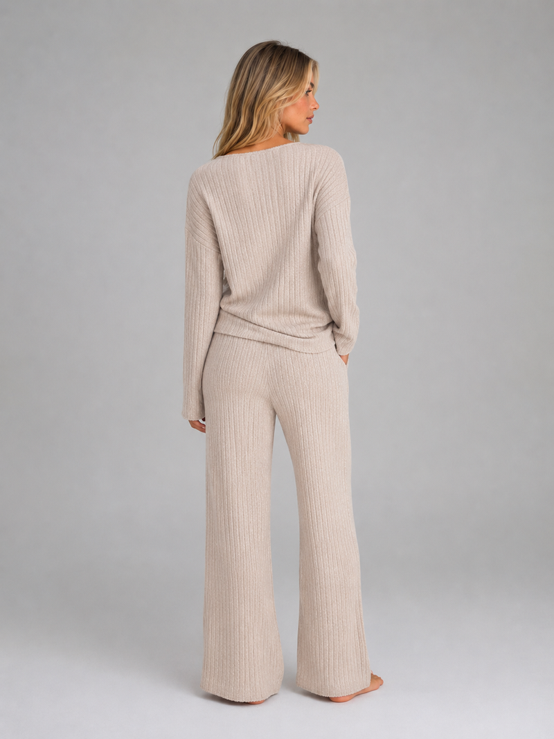 Women's Ribbed Knit Lounge Set – V-Neck Sweater & Wide Leg Pants Set