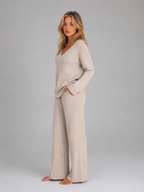 Women's Ribbed Knit Lounge Set – V-Neck Sweater & Wide Leg Pants Set