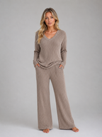 Women's Ribbed Knit Lounge Set – V-Neck Sweater & Wide Leg Pants Set