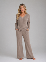 Women's Ribbed Knit Lounge Set – V-Neck Sweater & Wide Leg Pants Set