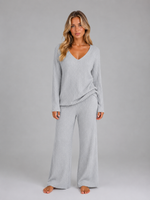 Women's Ribbed Knit Lounge Set – V-Neck Sweater & Wide Leg Pants Set