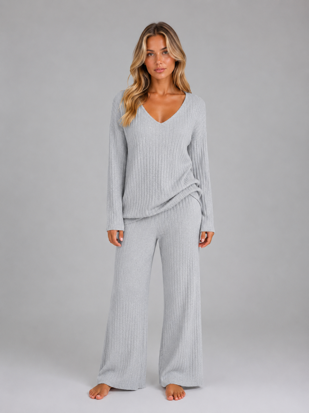 Women's Ribbed Knit Lounge Set – V-Neck Sweater & Wide Leg Pants Set