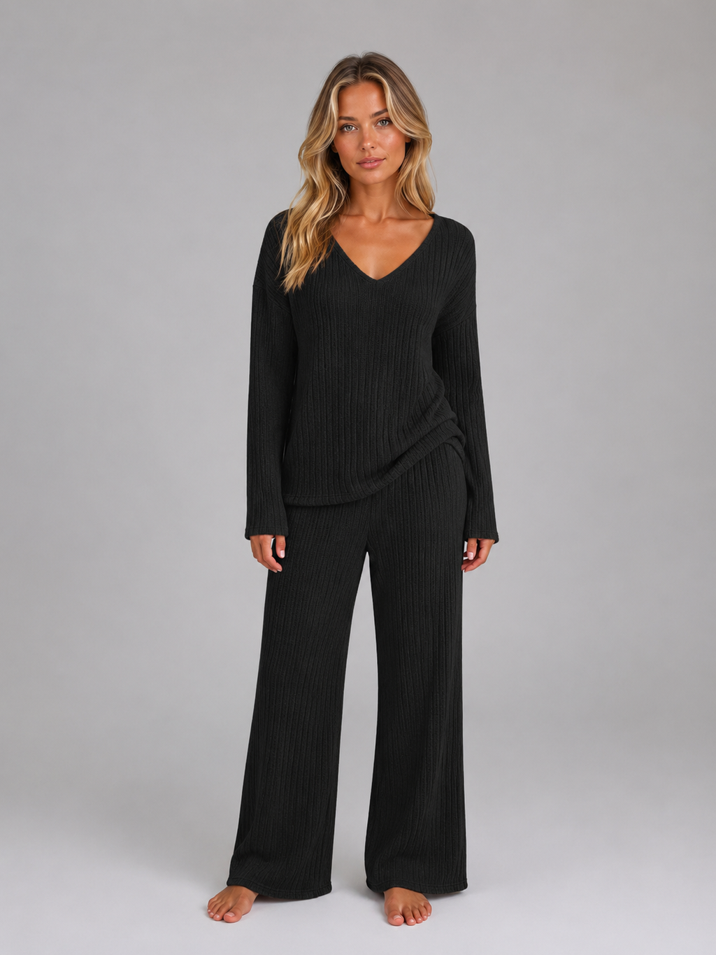 Women's Ribbed Knit Lounge Set – V-Neck Sweater & Wide Leg Pants Set