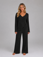 Women's Ribbed Knit Lounge Set – V-Neck Sweater & Wide Leg Pants Set