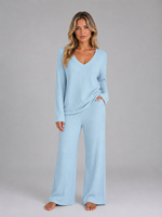 Women's Ribbed Knit Lounge Set – V-Neck Sweater & Wide Leg Pants Set